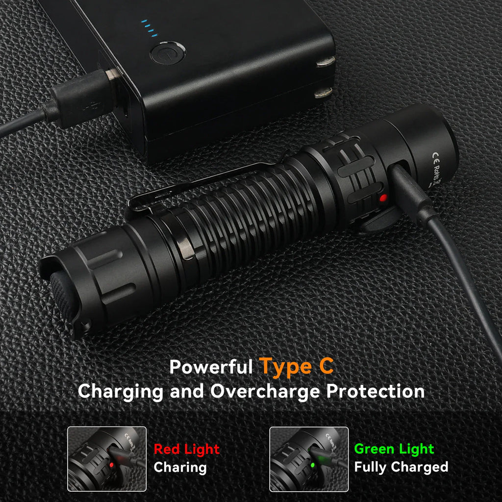 A black tactical LED flashlight charging with a USB-C cable, showing charging status indicators