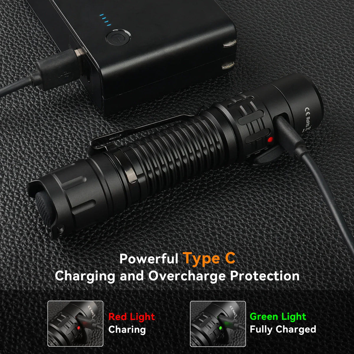 A black tactical LED flashlight charging with a USB-C cable, showing charging status indicators