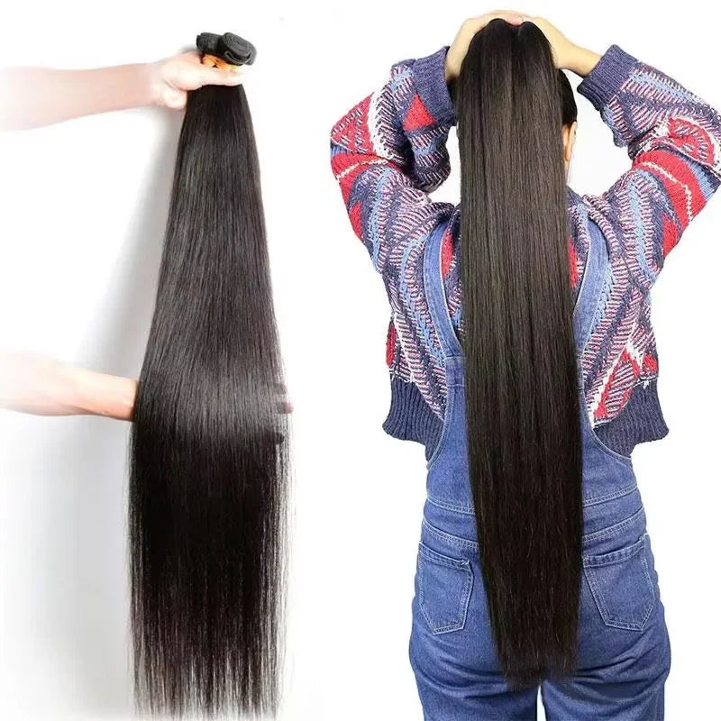 Long straight black human hair extension bundles and a model showing hair back view.