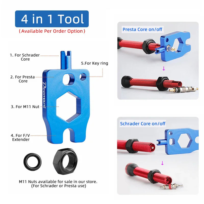 A 4-in-1 multi-tool for bike valve cores and its various usage methods