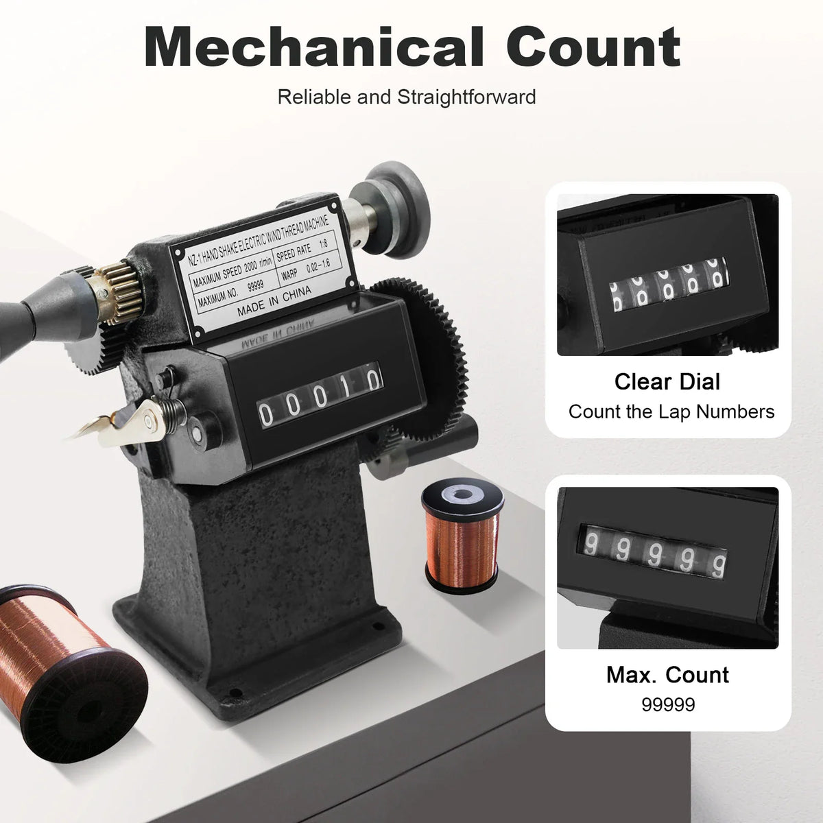 Mechanical coil winding machine with close-up of counting display