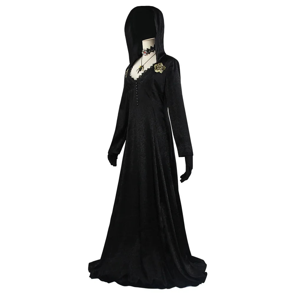 Side view of black hooded gown with gloves and floral detail