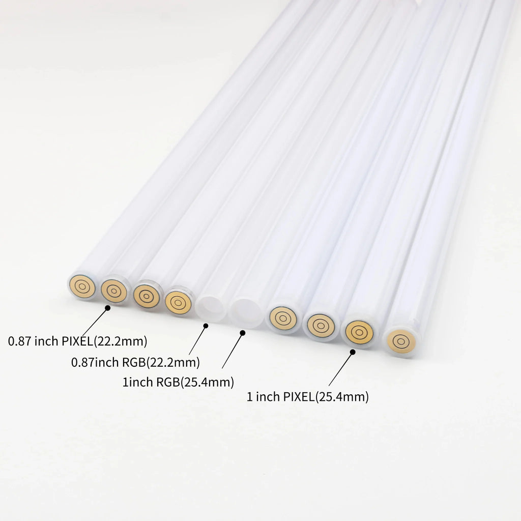 Row of various lightsaber blades showing pixel and RGB connectors with size labels