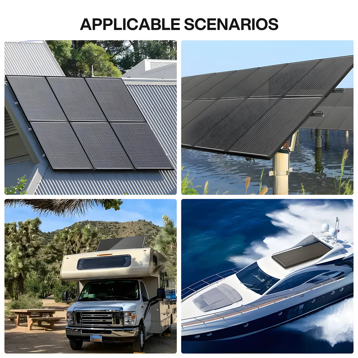 Solar panels installed on house rooftops, a boat, and a caravan