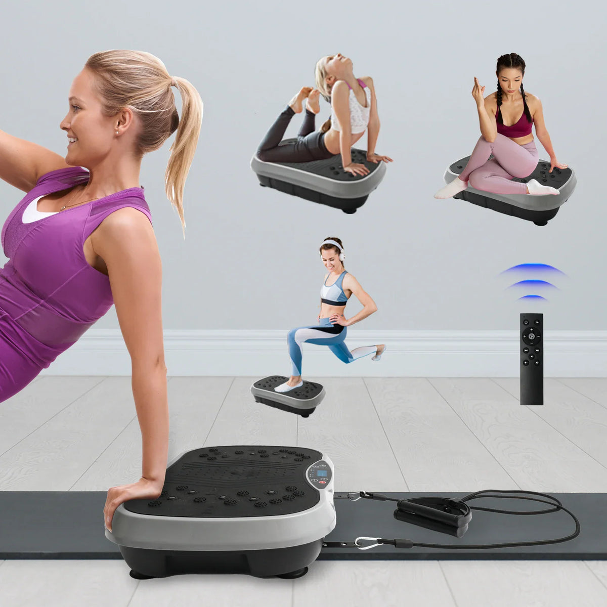 Vibration plate exercise machine showing various poses and exercise positions