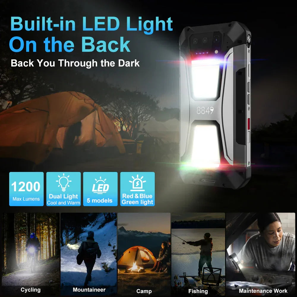 Rugged smartphone with bright LED back lights used for camping, fishing, and maintenance work
