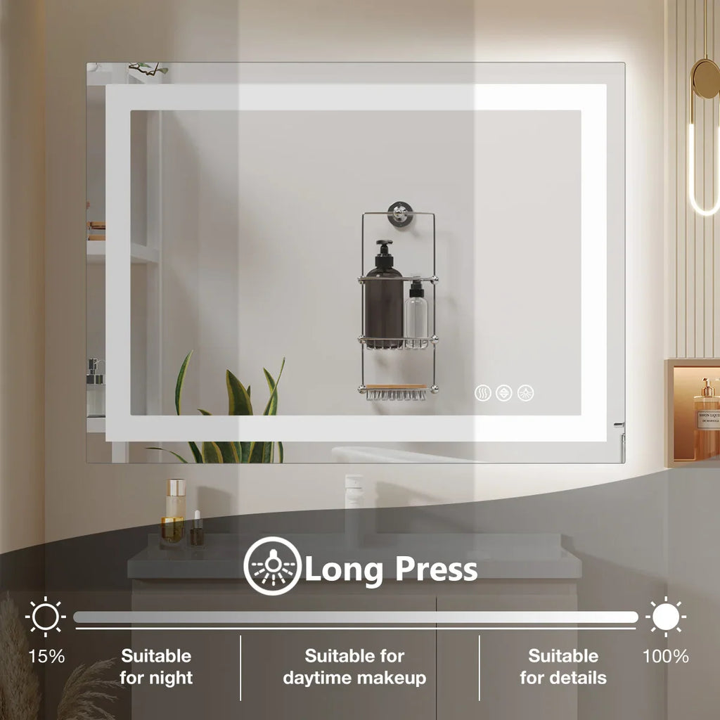 LED bathroom vanity mirror features showing brightness levels and long press dimming controls