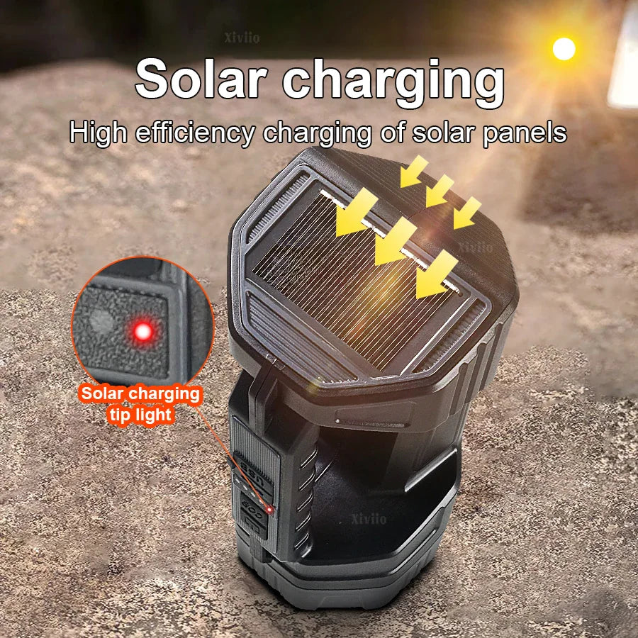 Tactical flashlight with built-in solar panel for charging, shown outdoors in sunlight.