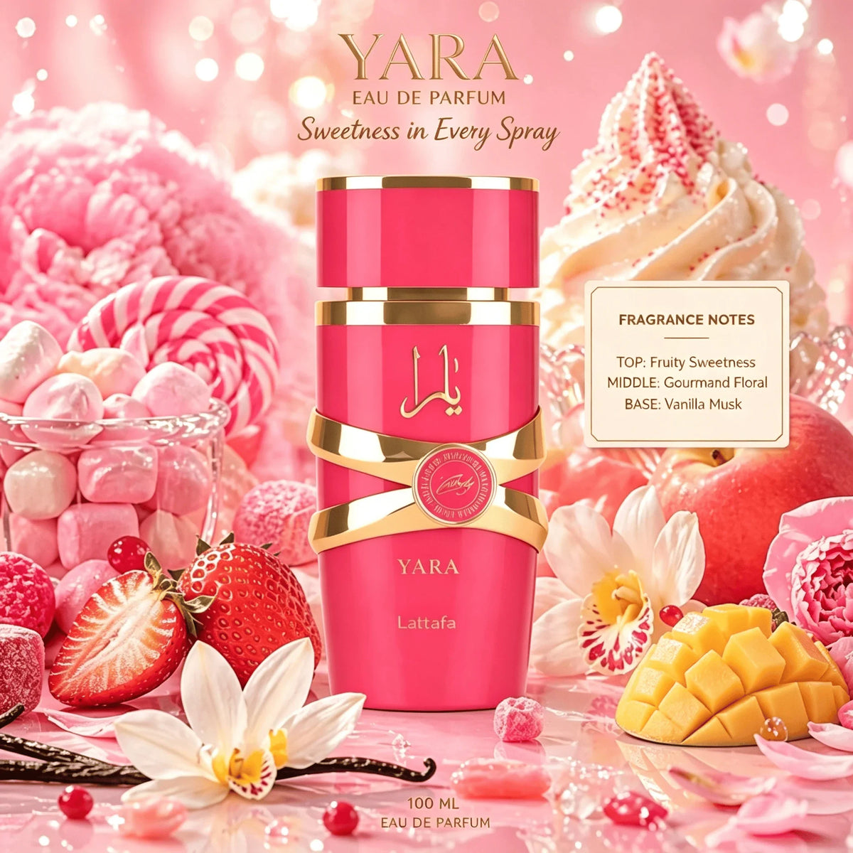 A pink perfume bottle surrounded by sweets, fruits, and flowers with text listing fragrance notes.