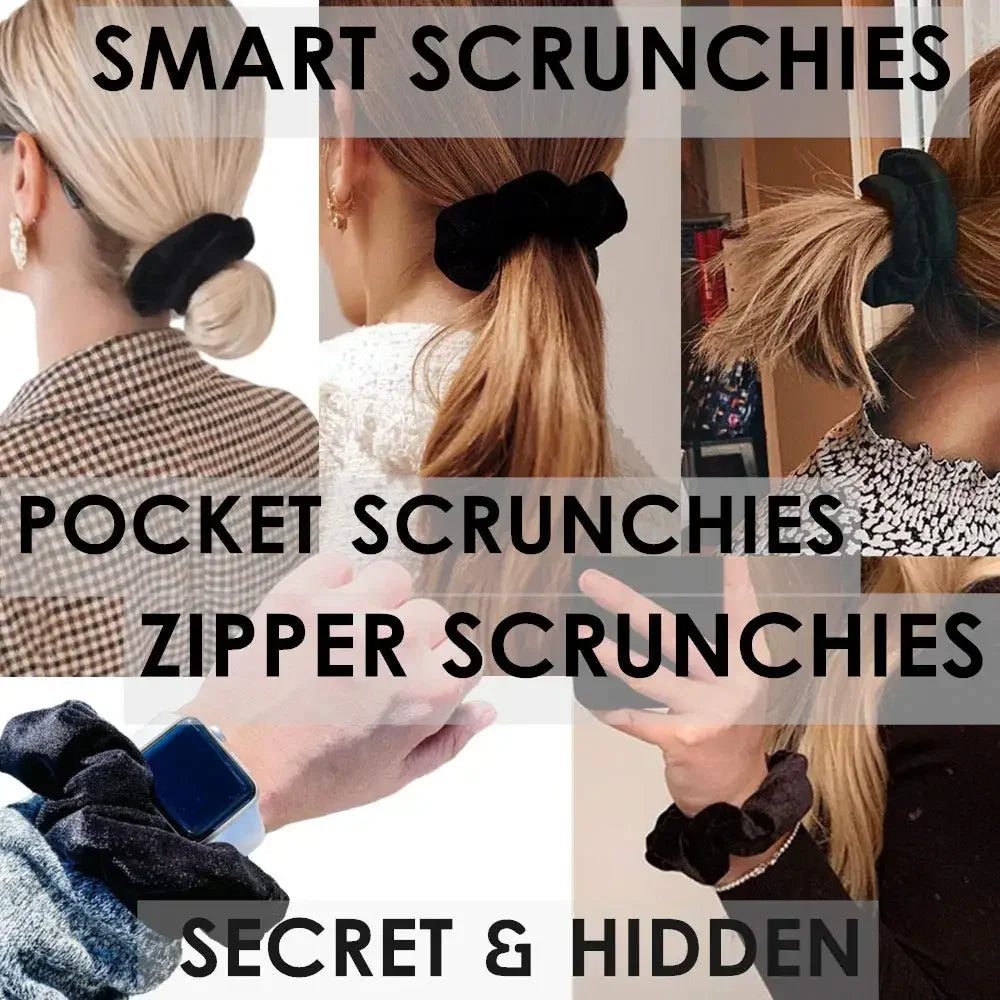 A collage showing various ways to wear black velvet zipper scrunchies in hair and on wrists.