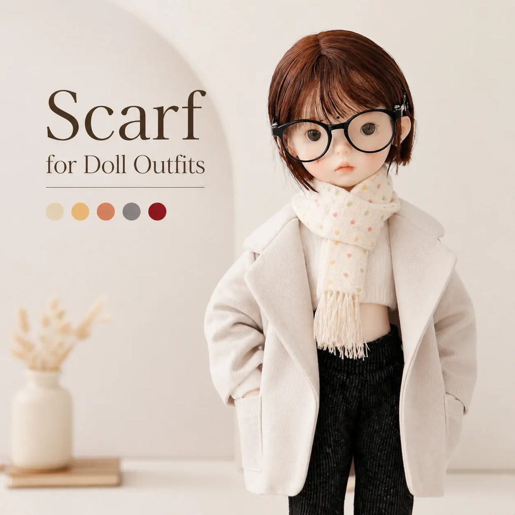 A doll wearing a light colored plaid scarf over a coat with small color dot icons below