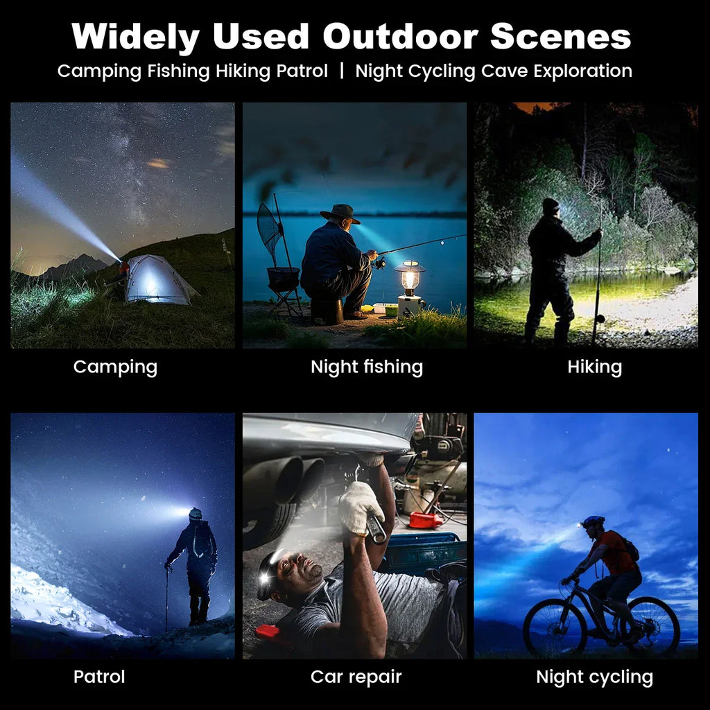 Usage scenarios for LED headlamp including camping, fishing, hiking and cycling