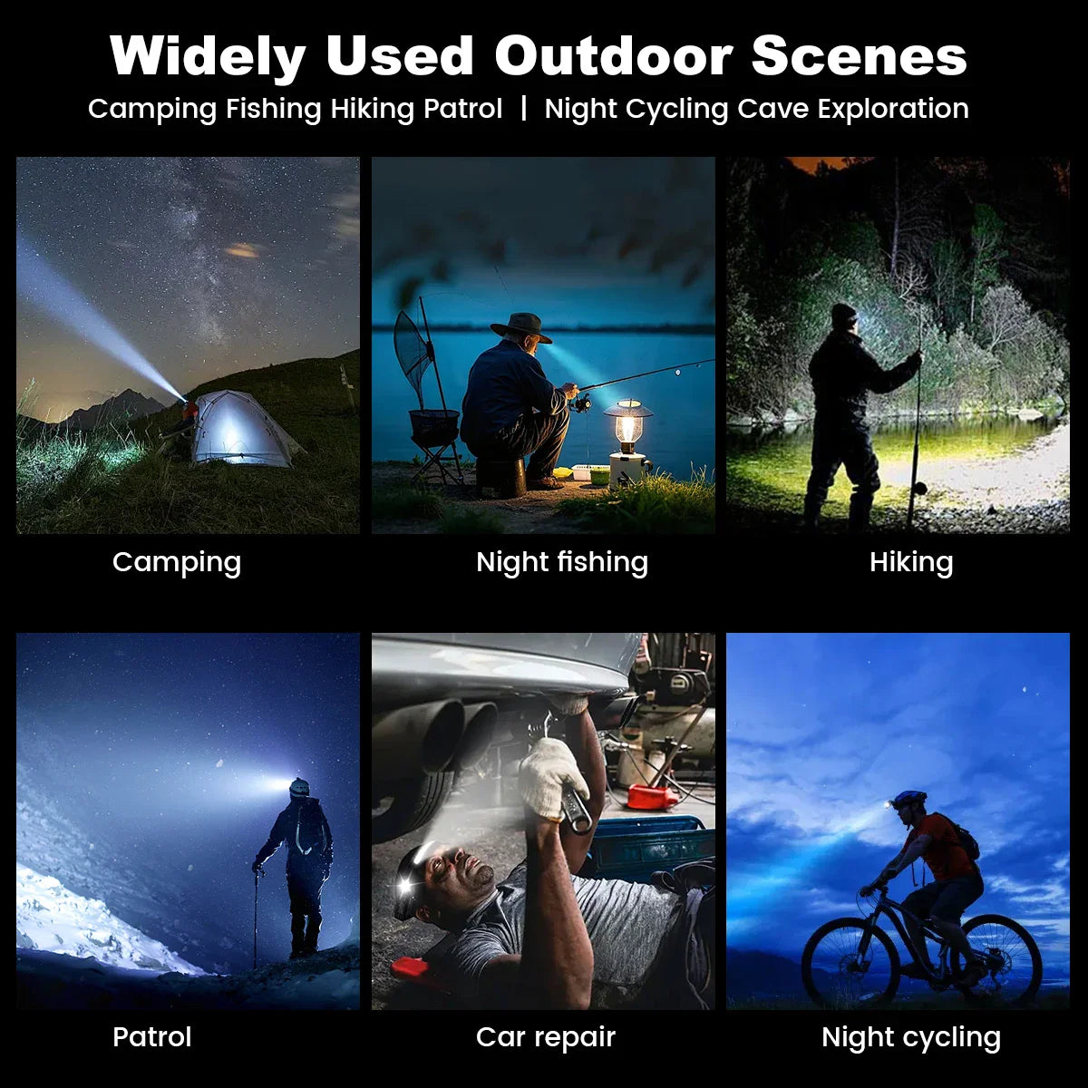 Usage scenarios for LED headlamp including camping, fishing, hiking and cycling