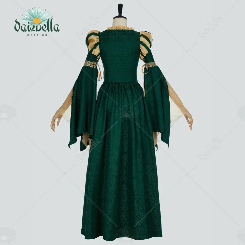 Back view of a green and beige medieval renaissance dress on a mannequin
