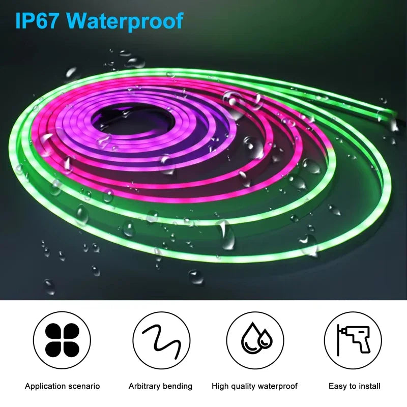 Waterproof RGB neon LED strip light coil with icons showing app, bending, water resistance and installation
