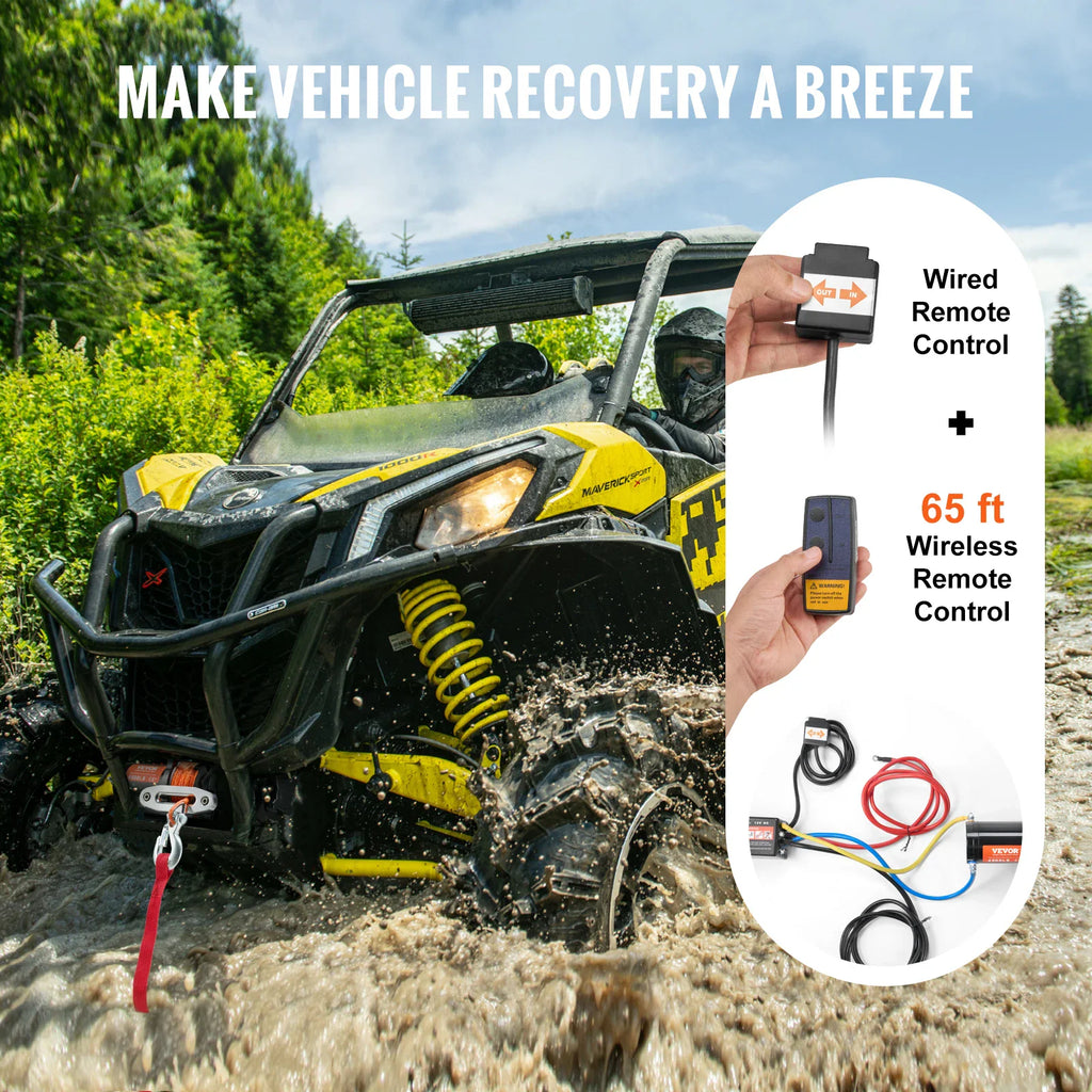 UTV vehicle recovering in mud with a winch, showing wired and wireless remote controls