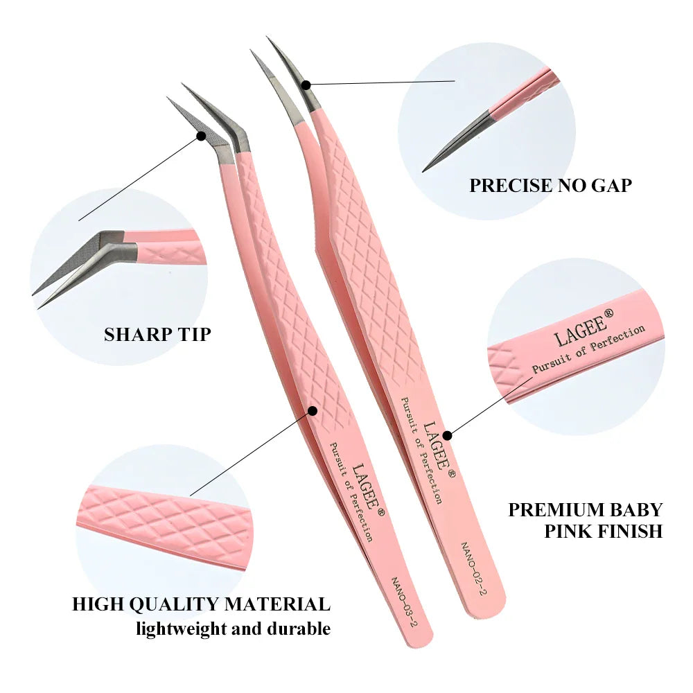 Close-up of pink tweezers highlighting technical details like tip sharpness, precision gap, and material quality
