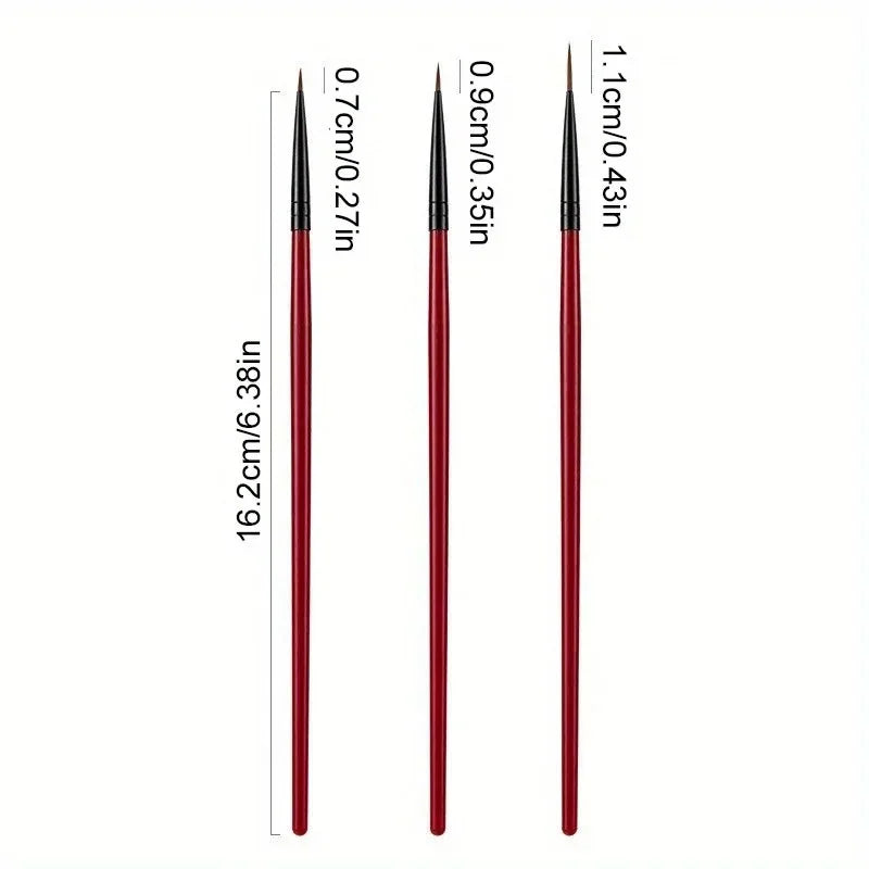 Three thin nail art liner brushes with red handles shown with length measurements