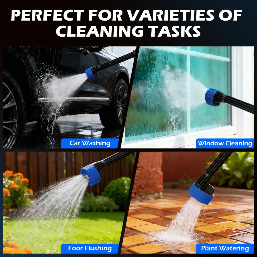 Demonstration of cordless power washer for car, window, floor, and plant cleaning