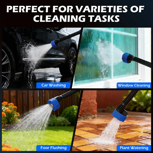 Demonstration of cordless power washer for car, window, floor, and plant cleaning