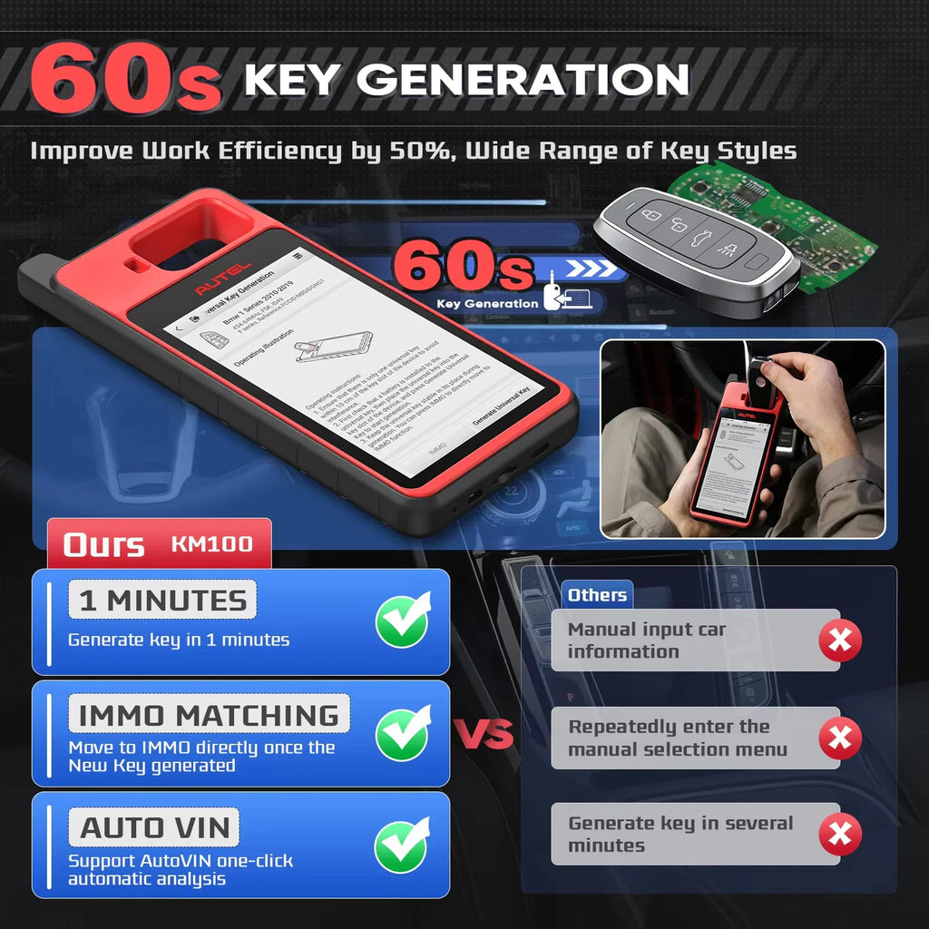 Handheld diagnostic tablet displaying key generation process in a car interior.