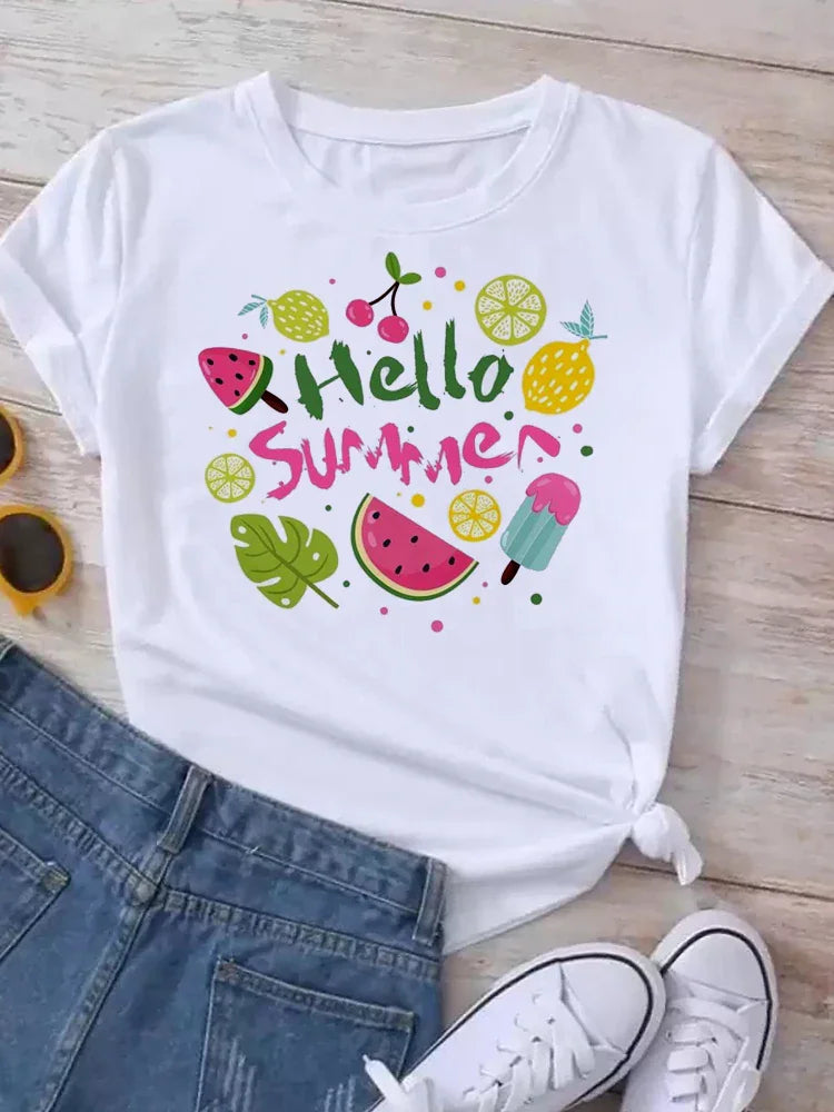 White short-sleeve t-shirt with a colorful summer fruits and ice cream graphic print