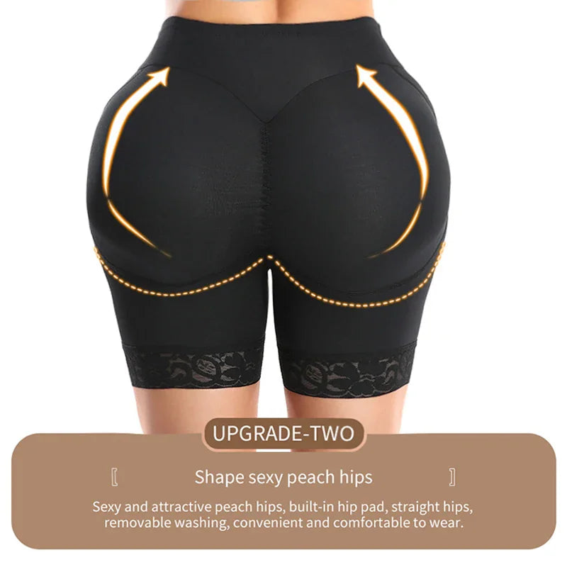 Back view of black padded shapewear shorts with lifting effect arrows and descriptive text