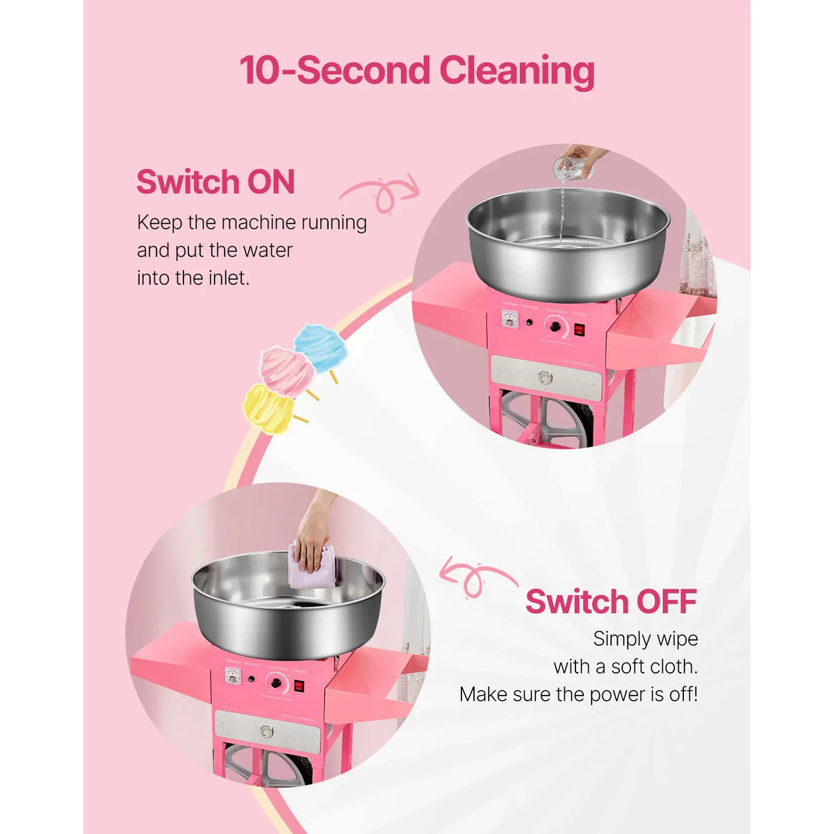 A guide on how to clean a commercial cotton candy machine by pouring water and wiping
