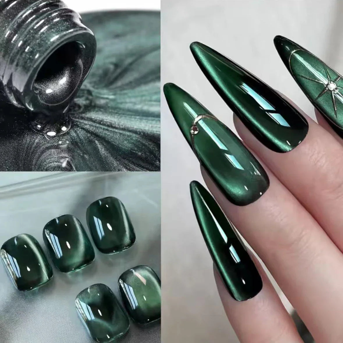 Green cat eye magnetic gel nail polish showing texture and finished manicured nails