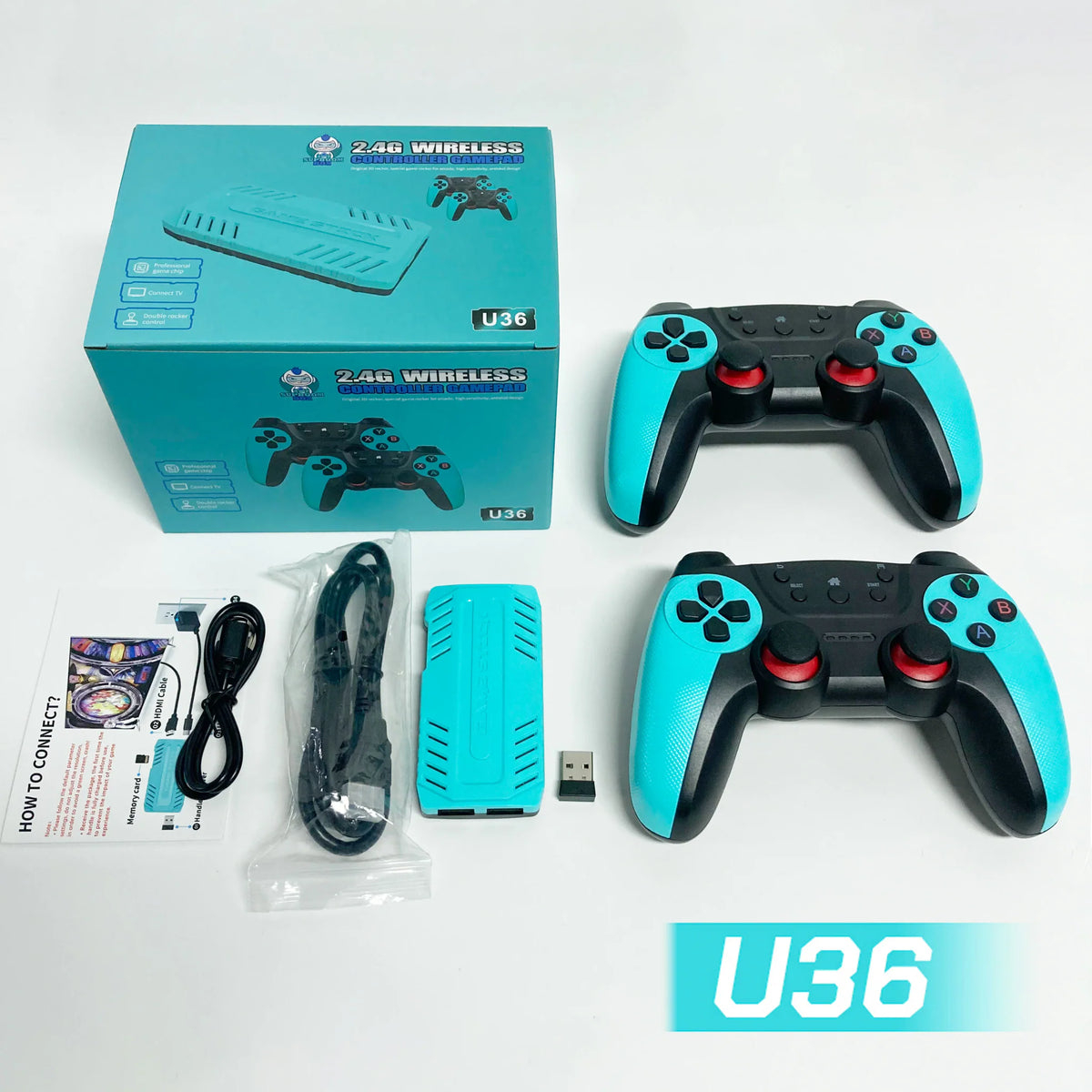 Full set of game console equipment including the box, controller, stick, cables, and manual