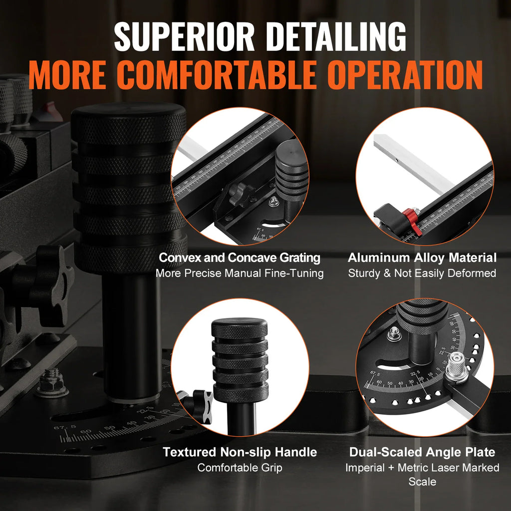 Detailed views of table saw miter gauge handle, adjustment scale, and aluminum material