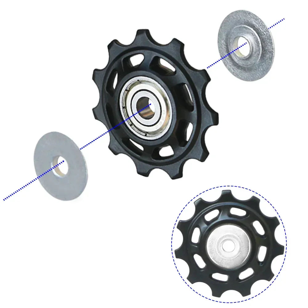 Exploded view of a derailleur jockey wheel with bearing and metal side covers