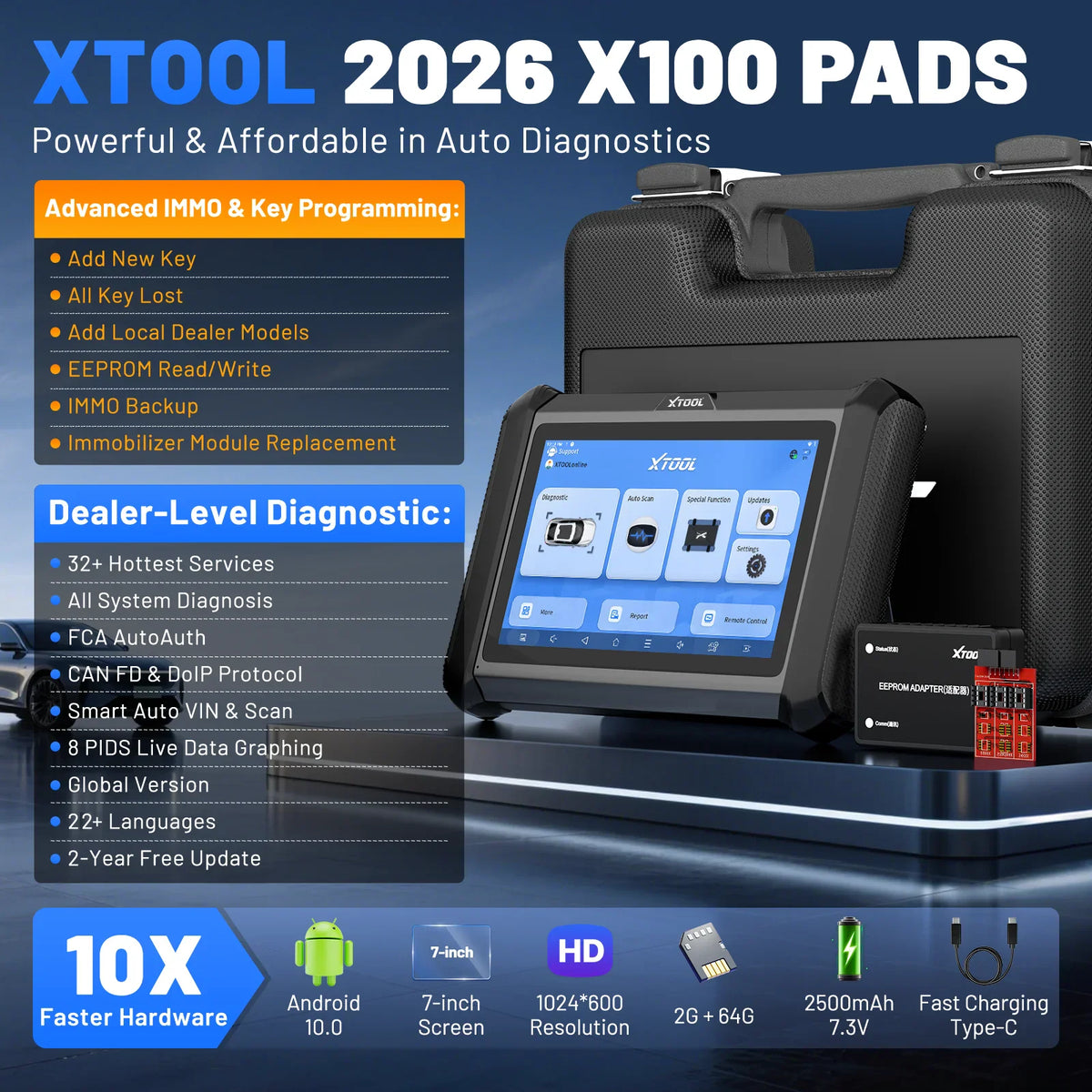 Professional automotive diagnostic tool tablet with technical specifications and feature list