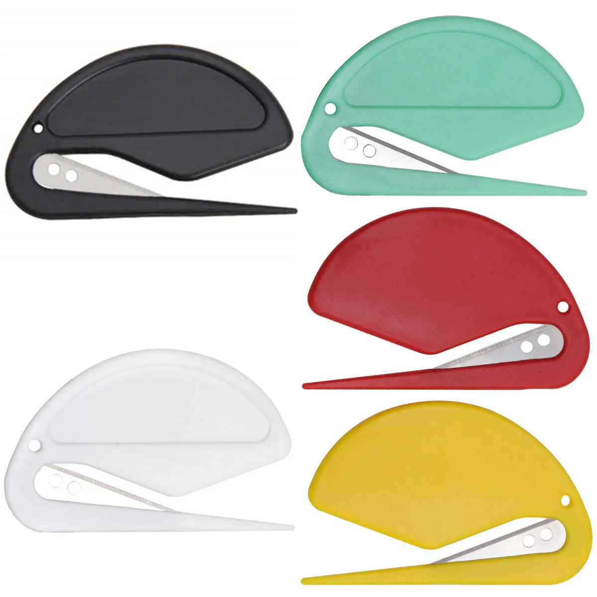 Five different colored double-edged safety letter openers featuring a stainless steel blade.