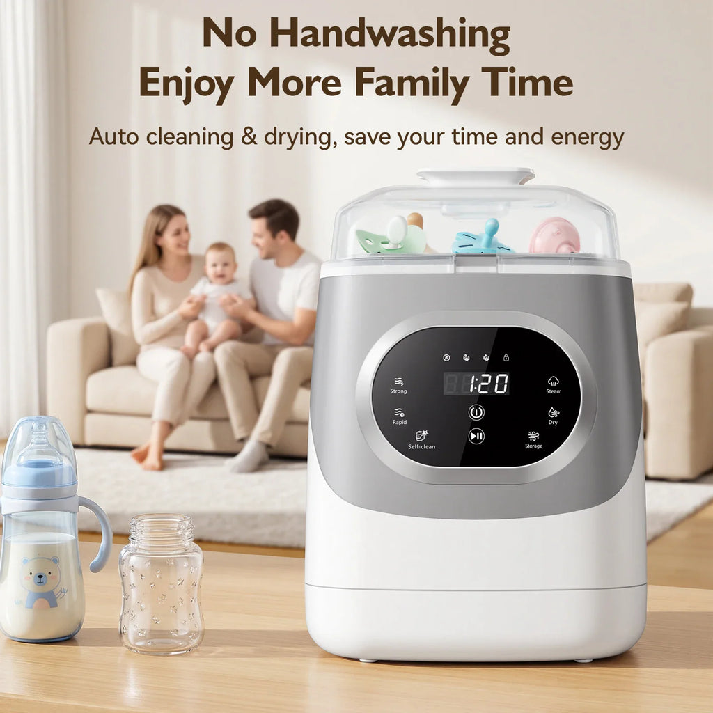 Electric baby bottle washer and sterilizer in a home setting with a family