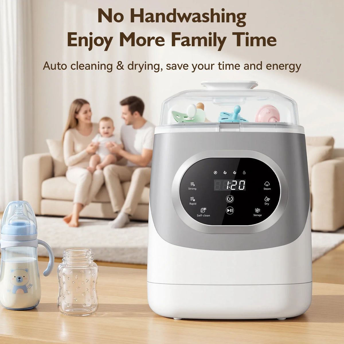 Electric baby bottle washer and sterilizer in a home setting with a family