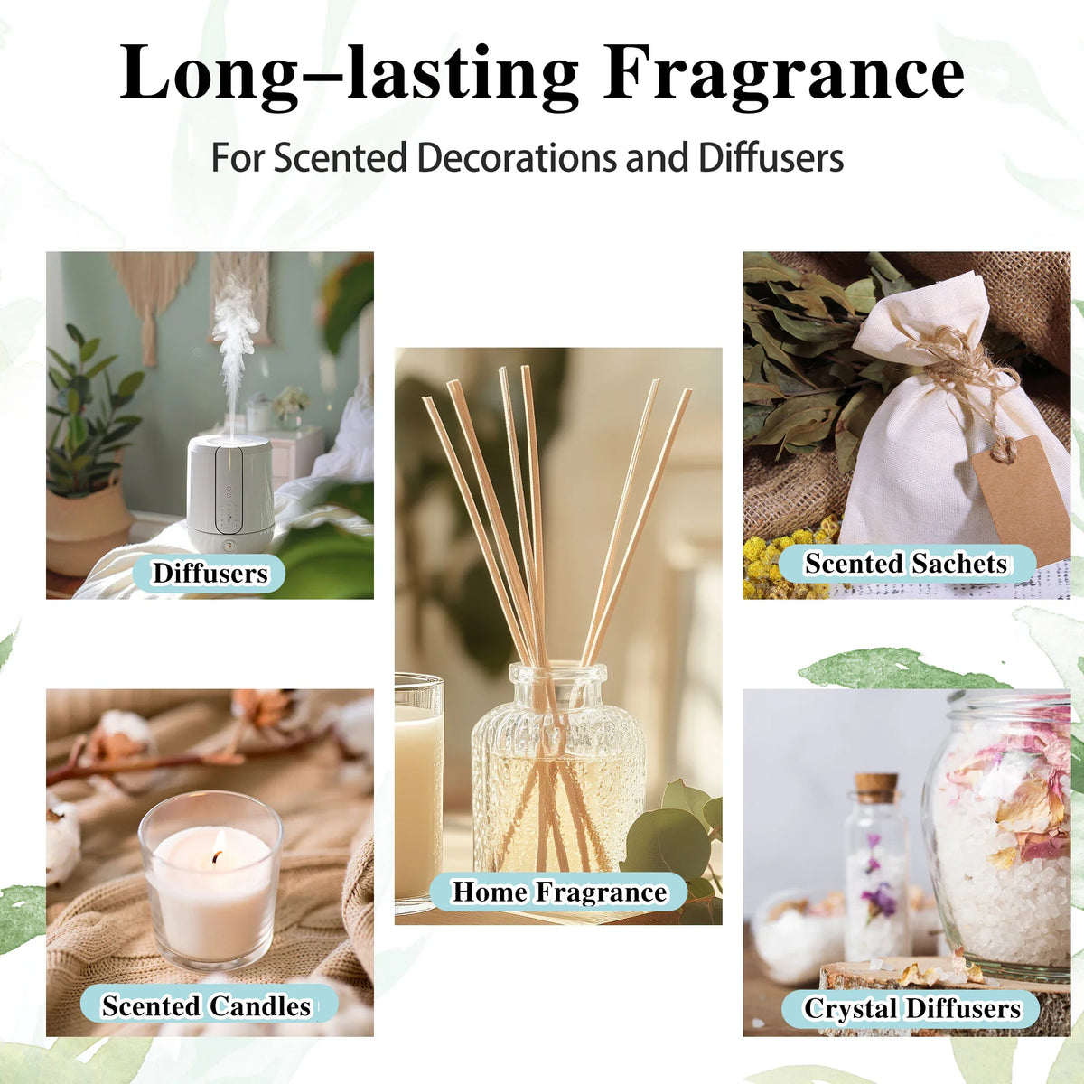 Collage showing various uses for fragrance oils like diffusers, candles, and sachets.
