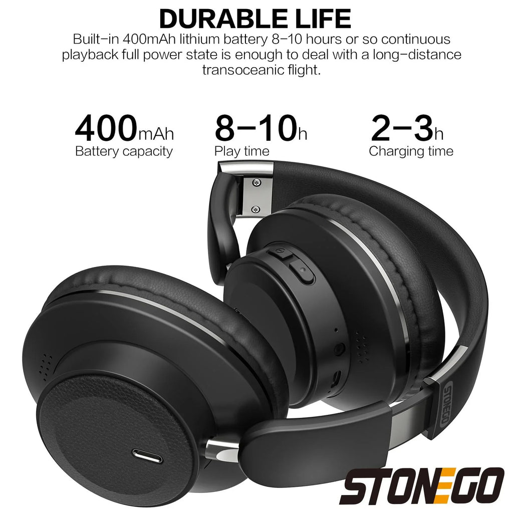 Black foldable wireless headphones with text detailing battery capacity and charging times