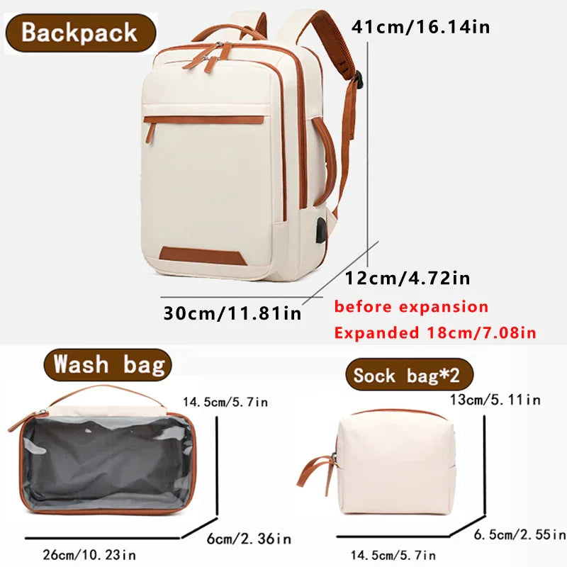 Expandable beige backpack with wash bag and accessory bag including size measurements