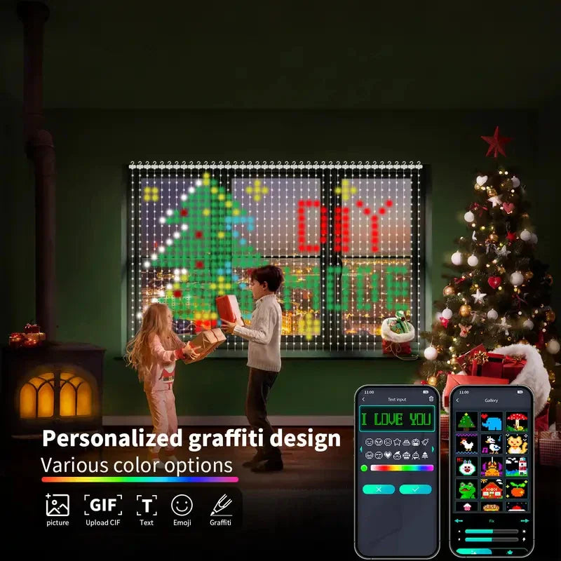 Children holding presents in front of a window decorated with smart LED lights displaying custom patterns.