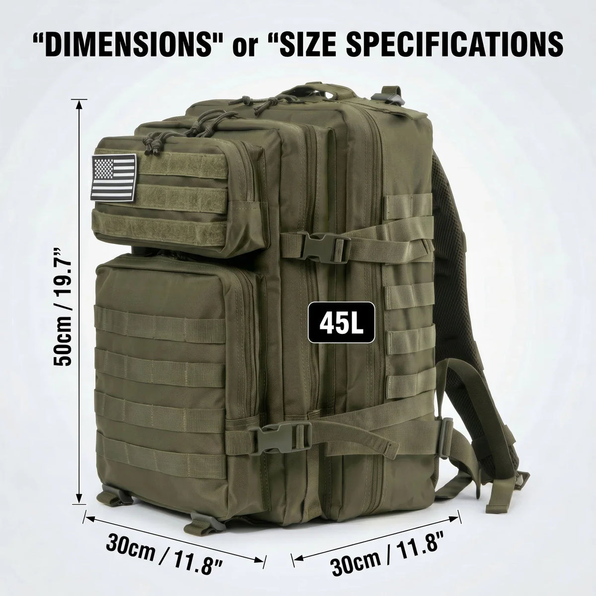 Green tactical gym backpack with overlaid dimension labels and capacity text