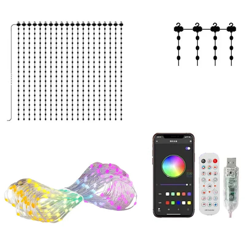 Smart LED curtain lights components, including wire grid, power plug, remote control, and app interface.