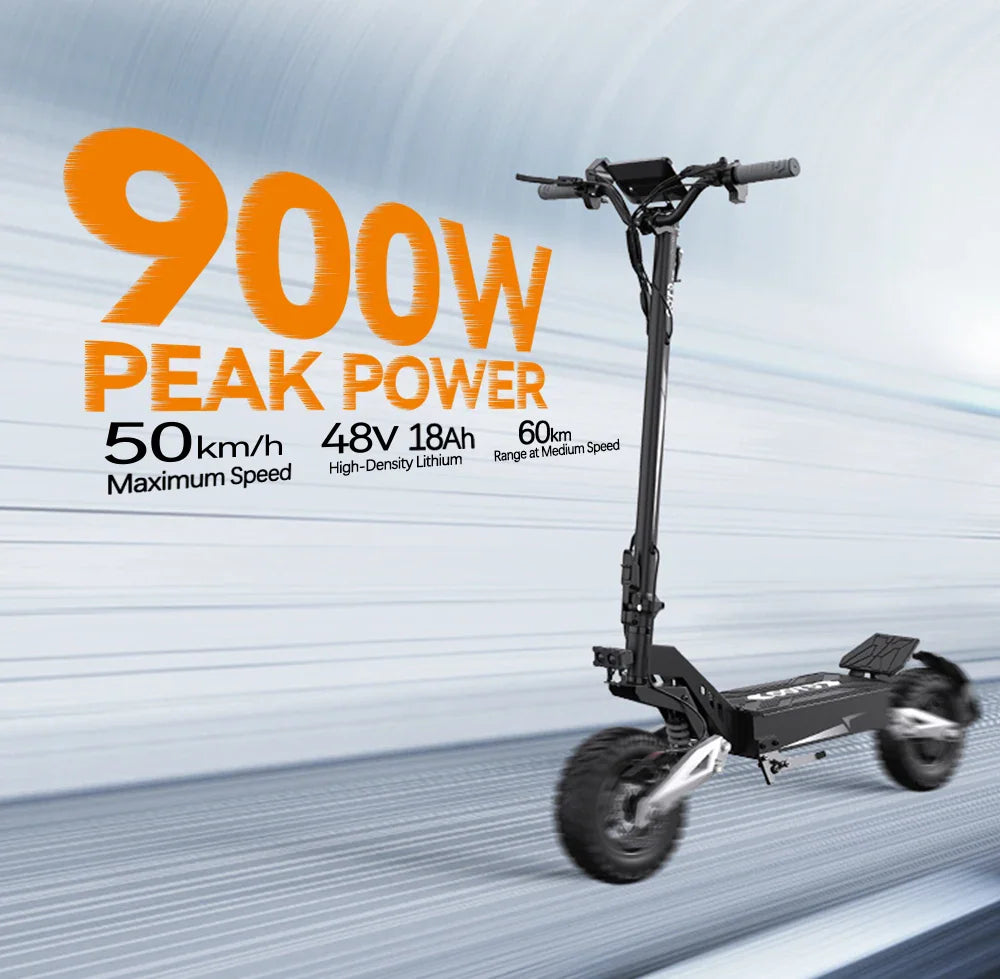 Black foldable electric scooter shown in motion with performance specifications overlaid.
