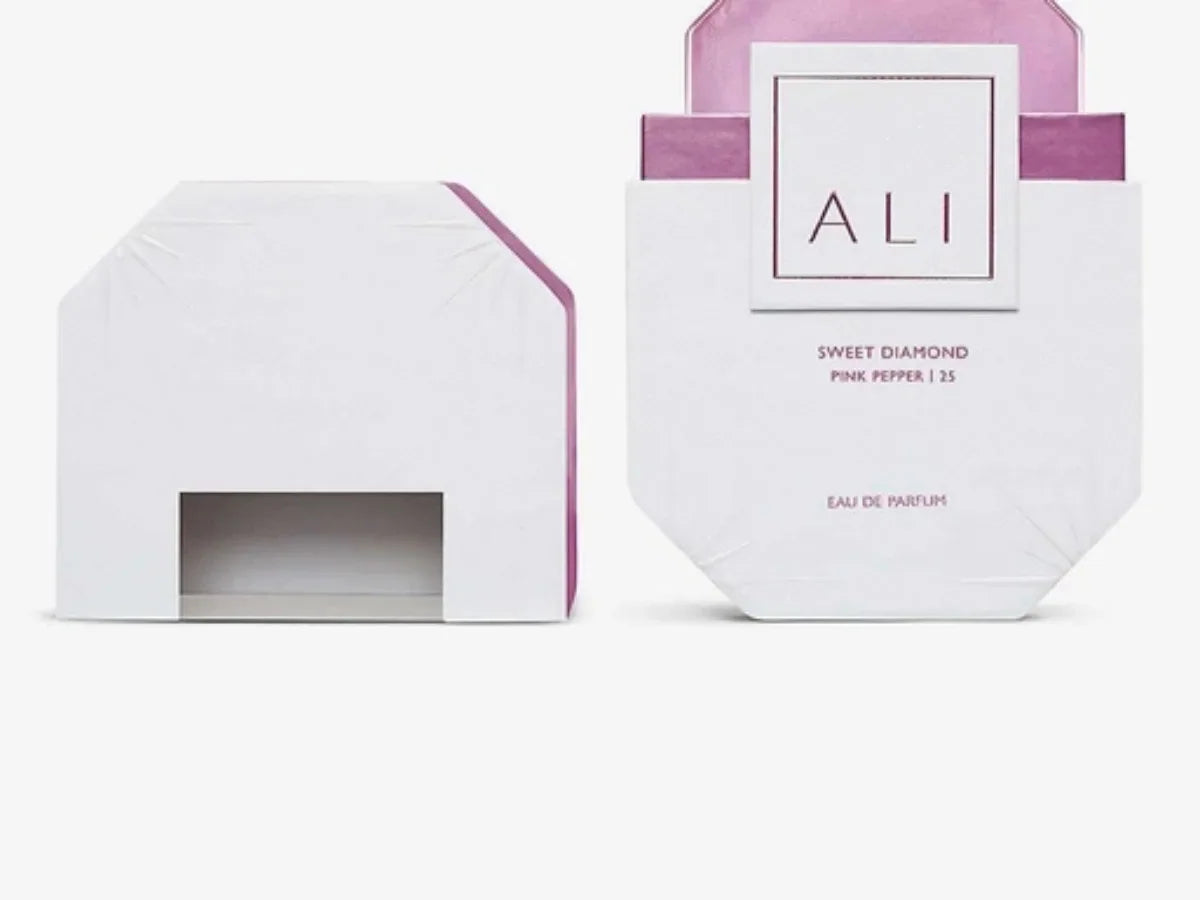 Two pieces of white and pink octagonal perfume packaging boxes