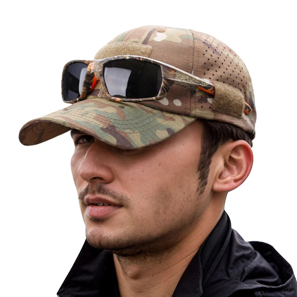 Camouflage tactical baseball cap with integrated sunglasses holder