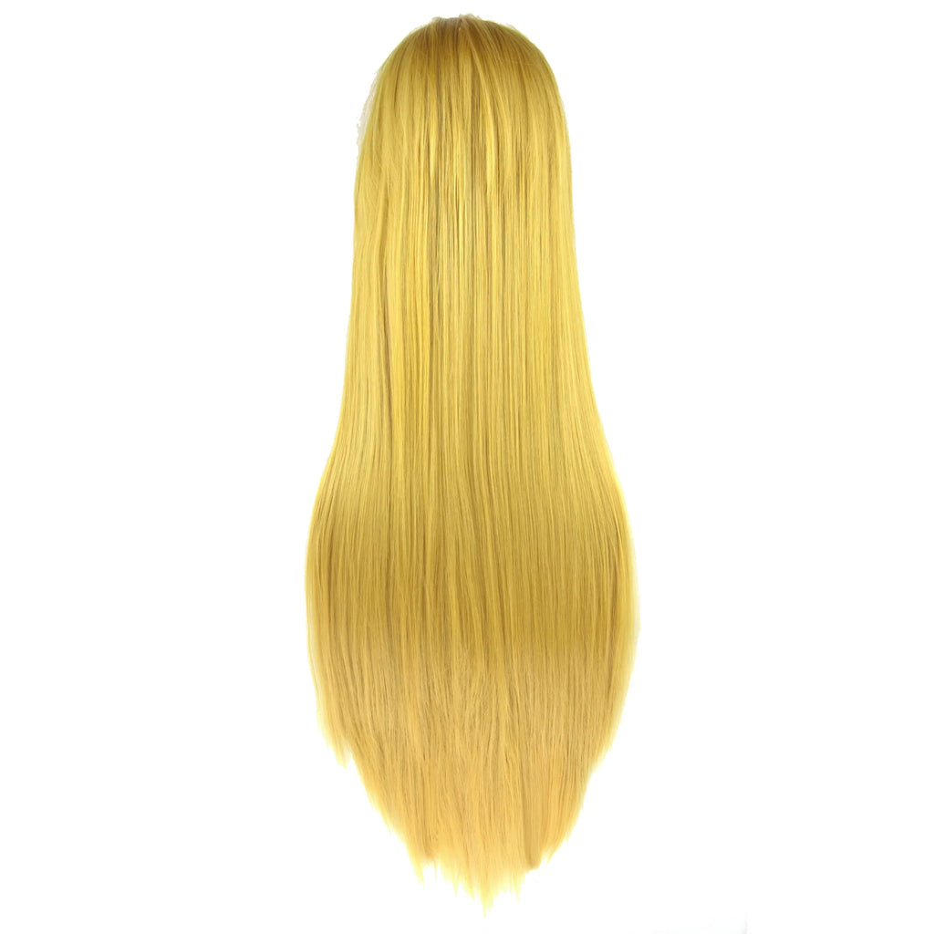Long straight golden blonde cosplay wig on a mannequin head, back view
