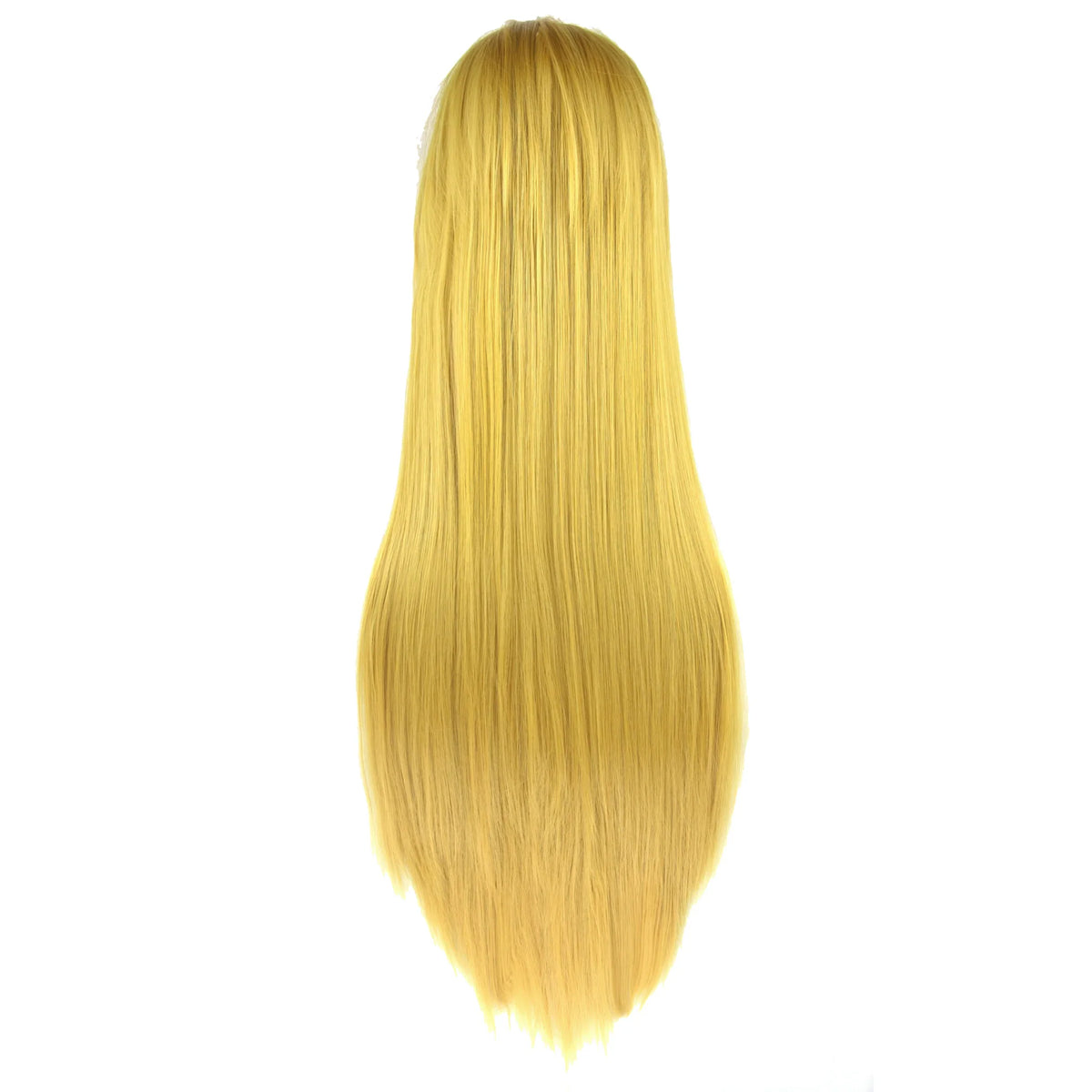 Long straight golden blonde cosplay wig on a mannequin head, back view