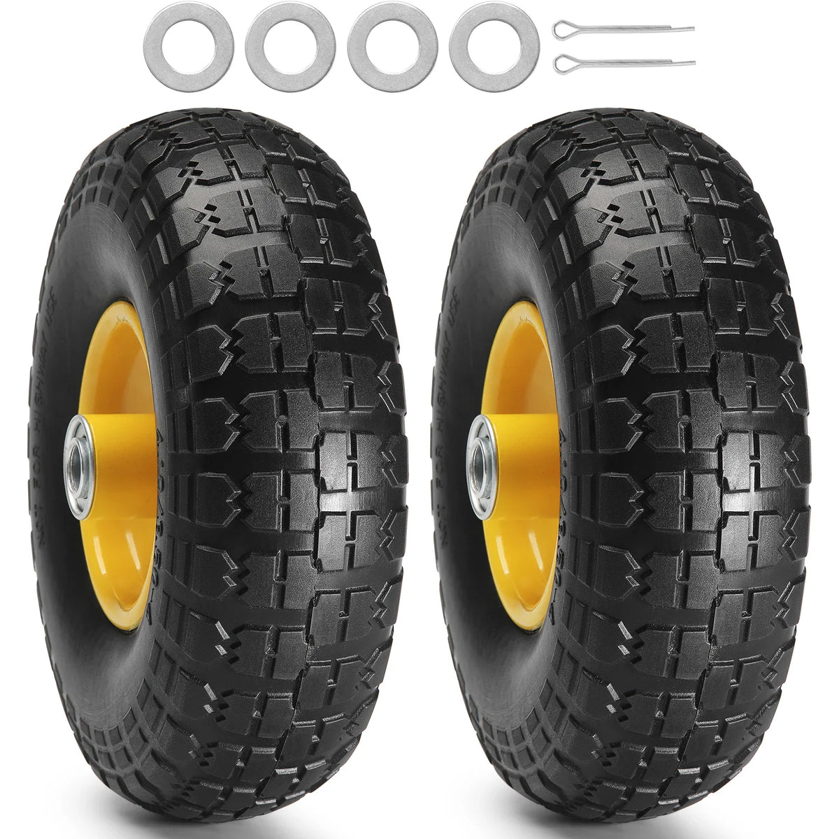 Pair of black solid rubber tires with yellow hubs and accompanying washers and cotter pins