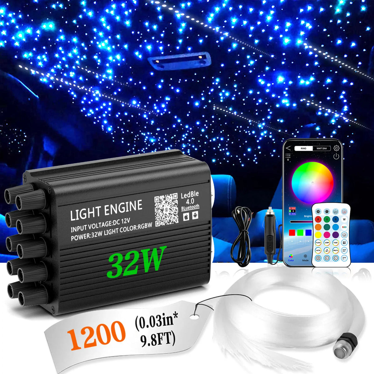 Fiber optic light engine with remote and fiber strands for car ceiling starry sky effect