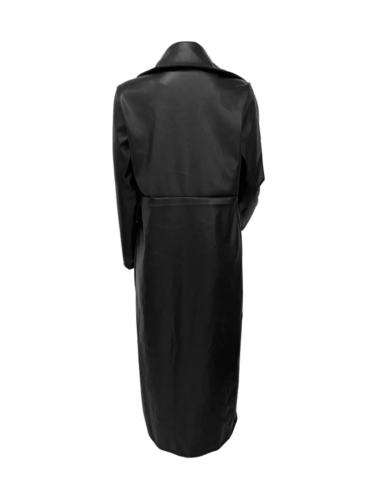 A black long-sleeved PU leather trench coat, back view.